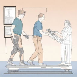 A detailed illustration of a laboratory experiment analyzing the impact of lower limb exoskeletons on gait