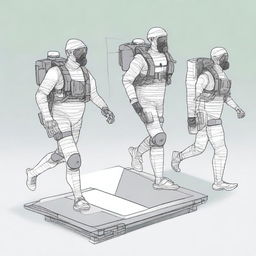 A detailed illustration of a laboratory experiment analyzing the impact of lower limb exoskeletons on gait in a military context