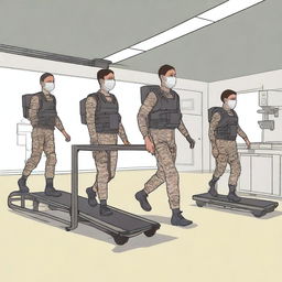 A detailed illustration of a laboratory experiment analyzing the impact of lower limb exoskeletons on gait in a military context