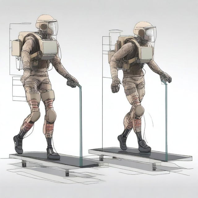 A detailed illustration of a laboratory experiment analyzing the impact of lower limb exoskeletons on gait in a military context