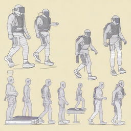 A detailed illustration of a laboratory experiment analyzing the impact of lower limb exoskeletons on gait in a military context