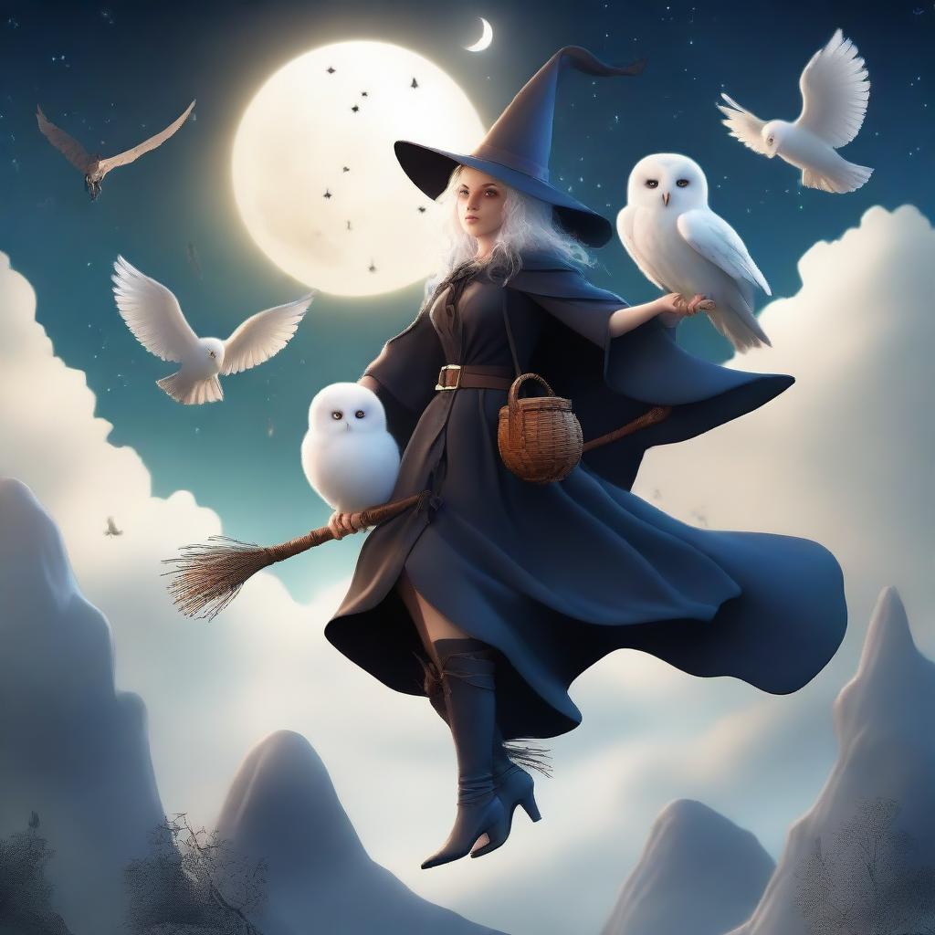 A cute, busty witch flying on a broomstick with a white owl perched on her shoulder