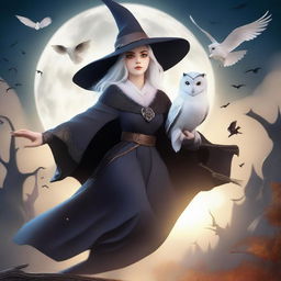 A cute, busty witch flying on a broomstick with a white owl perched on her shoulder