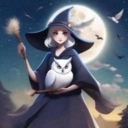 A cute, busty witch flying on a broomstick with a white owl perched on her shoulder