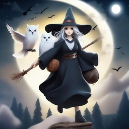 A cute, busty witch flying on a broomstick with a white owl perched on her shoulder