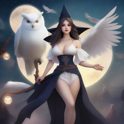 A cute, busty witch flying on a broomstick with a white owl perched on her shoulder