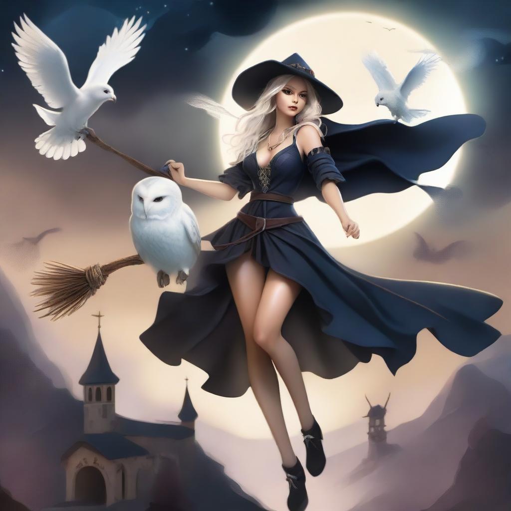 A cute, busty witch flying on a broomstick with a white owl perched on her shoulder