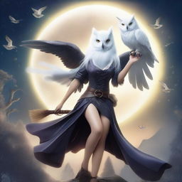 A cute, busty witch flying on a broomstick with a white owl perched on her shoulder