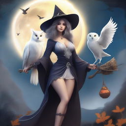 A cute, busty witch flying on a broomstick with a white owl perched on her shoulder