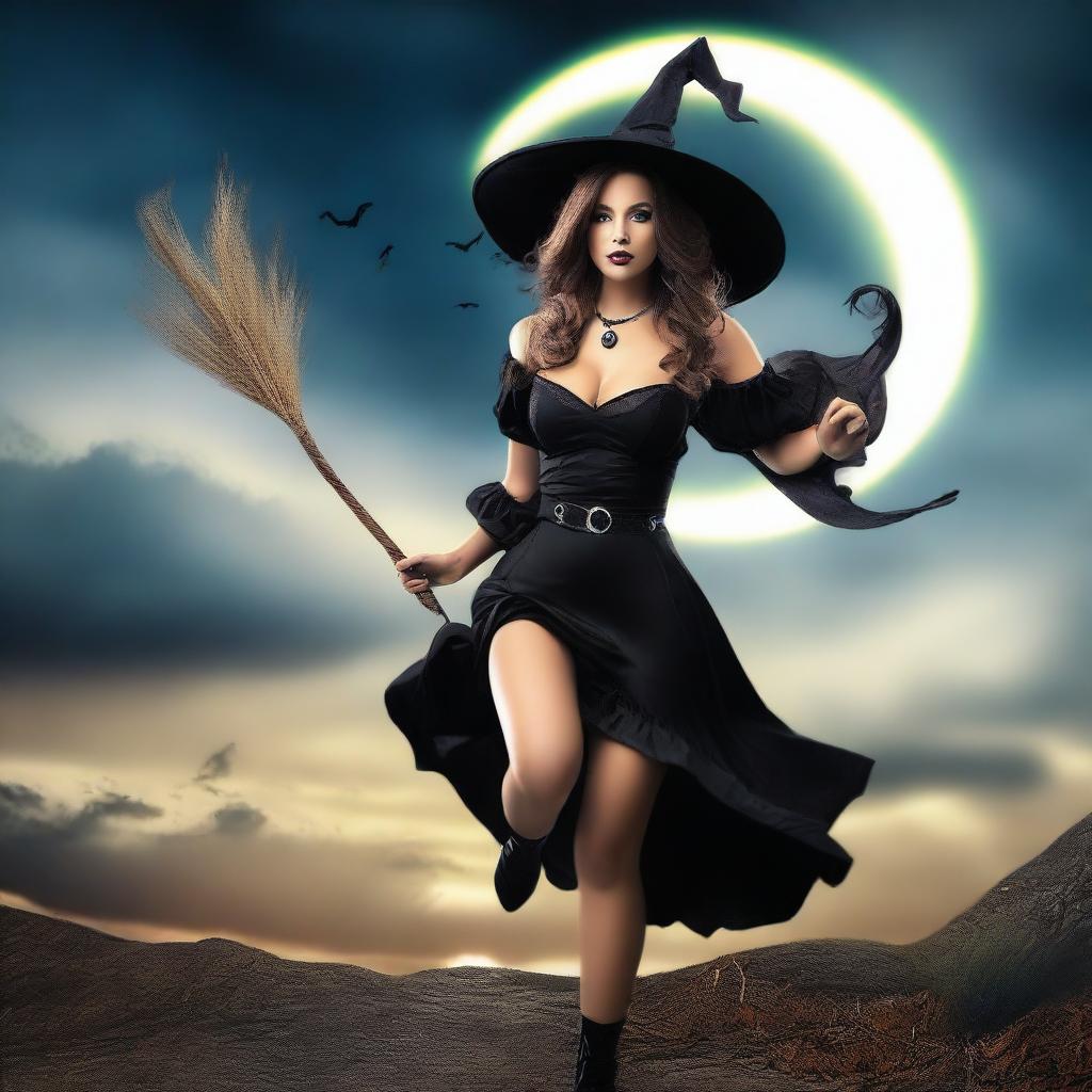 A cute and very busty witch flying on a broomstick during an eclipse