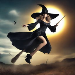 A cute and very busty witch flying on a broomstick during an eclipse