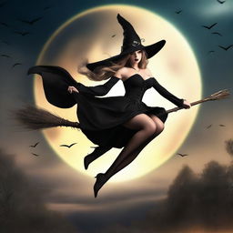 A cute and very busty witch flying on a broomstick during an eclipse