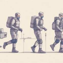 A detailed illustration of a laboratory experiment analyzing the impact of lower limb exoskeletons on gait in a military context