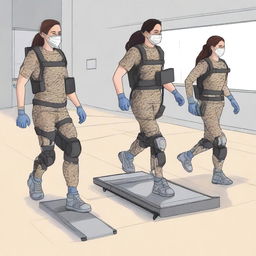 A detailed illustration of a laboratory experiment analyzing the impact of lower limb exoskeletons on gait in a military context