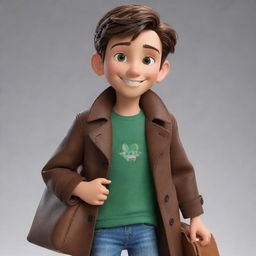 Disney animated representation of a cute, tall, and athletically built boy. His face showcases a well-groomed facial hair, expressive green eyes, tousled brown hair, and a charming and cheeky smile. He carries a distinctive bag over one side and wears a long leather coat.