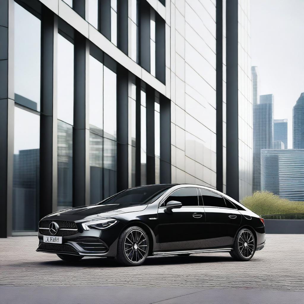 A sleek black Mercedes CLA AMG Line viewed from the left side