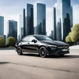 A sleek black Mercedes CLA AMG Line viewed from the left side