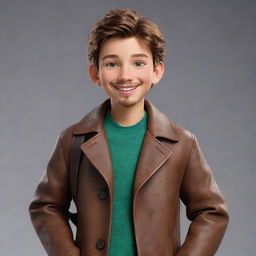 Disney animated representation of a cute, tall, and athletically built boy. His face showcases a well-groomed facial hair, expressive green eyes, tousled brown hair, and a charming and cheeky smile. He carries a distinctive bag over one side and wears a long leather coat.