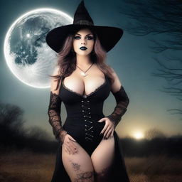 A close portrait of a cute and very busty witch during an eclipse