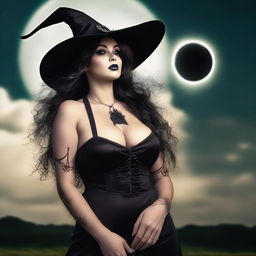 A close portrait of a cute and very busty witch during an eclipse