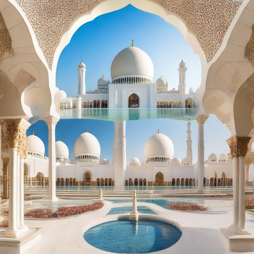 Create a panoramic image featuring various iconic places in Abu Dhabi