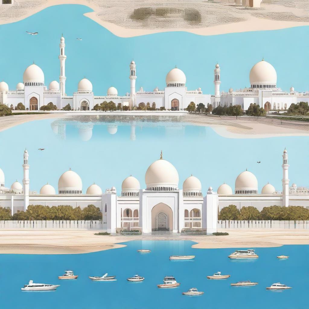 Create a panoramic image featuring various iconic places in Abu Dhabi