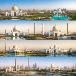 Create a panoramic image featuring various iconic places in Abu Dhabi