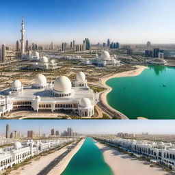 Create a panoramic image featuring various iconic places in Abu Dhabi