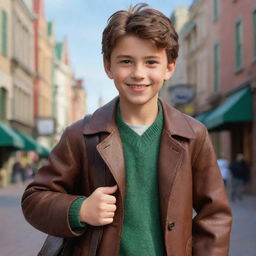 Disney animated representation of a cute, tall, and athletically built boy. His face showcases a well-groomed facial hair, expressive green eyes, tousled brown hair, and a charming and cheeky smile. He carries a distinctive bag over one side and wears a long leather coat.