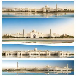 Create a panoramic image featuring various iconic places in Abu Dhabi