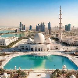 Create a panoramic image featuring various iconic places in Abu Dhabi