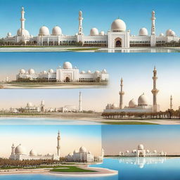 Create a panoramic image featuring various iconic places in Abu Dhabi