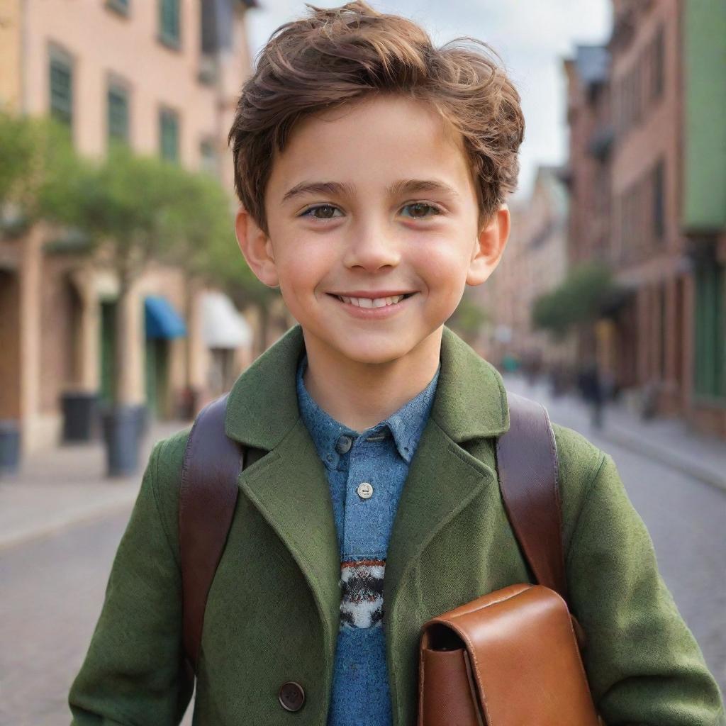 Disney animated representation of a cute, tall, and athletically built boy. His face showcases a well-groomed facial hair, expressive green eyes, tousled brown hair, and a charming and cheeky smile. He carries a distinctive bag over one side and wears a long leather coat.