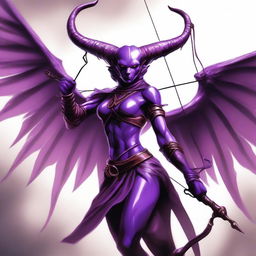 A powerful purple Tiefling with large, majestic wings and piercing white eyes