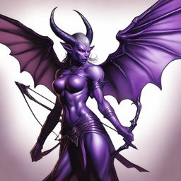 A powerful purple Tiefling with large, majestic wings and piercing white eyes