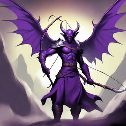 A powerful purple Tiefling with large, majestic wings and piercing white eyes