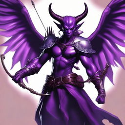 A powerful purple Tiefling with large, majestic wings and piercing white eyes