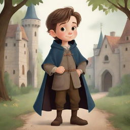 Disney style illustration of a cute boy dressed in a medieval long coat, bringing to life the charming and whimsical nature of the character.