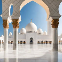 Create an image featuring the front view of the Sheikh Zayed Grand Mosque in Abu Dhabi