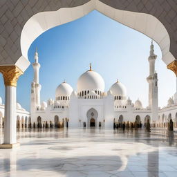 Create an image featuring the front view of the Sheikh Zayed Grand Mosque in Abu Dhabi