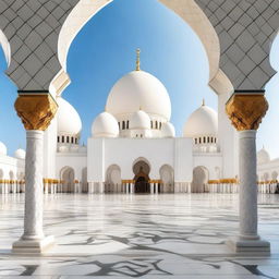 Create an image featuring the front view of the Sheikh Zayed Grand Mosque in Abu Dhabi