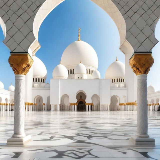 Create an image featuring the front view of the Sheikh Zayed Grand Mosque in Abu Dhabi