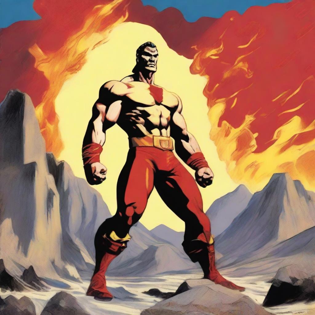 An impressionistic painting of a man similar to the comic character Zagor, with a sleeveless red and yellow costume, muscular arms, blonde hair, and red eyes