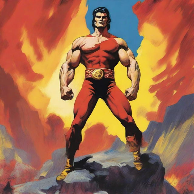 An impressionistic painting of a man similar to the comic character Zagor, with a sleeveless red and yellow costume, muscular arms, blonde hair, and red eyes