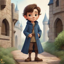 Disney style illustration of a cute boy dressed in a medieval long coat, bringing to life the charming and whimsical nature of the character.