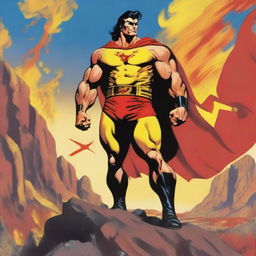 An impressionistic painting of a man similar to the comic character Zagor, with a sleeveless red and yellow costume, muscular arms, blonde hair, and red eyes