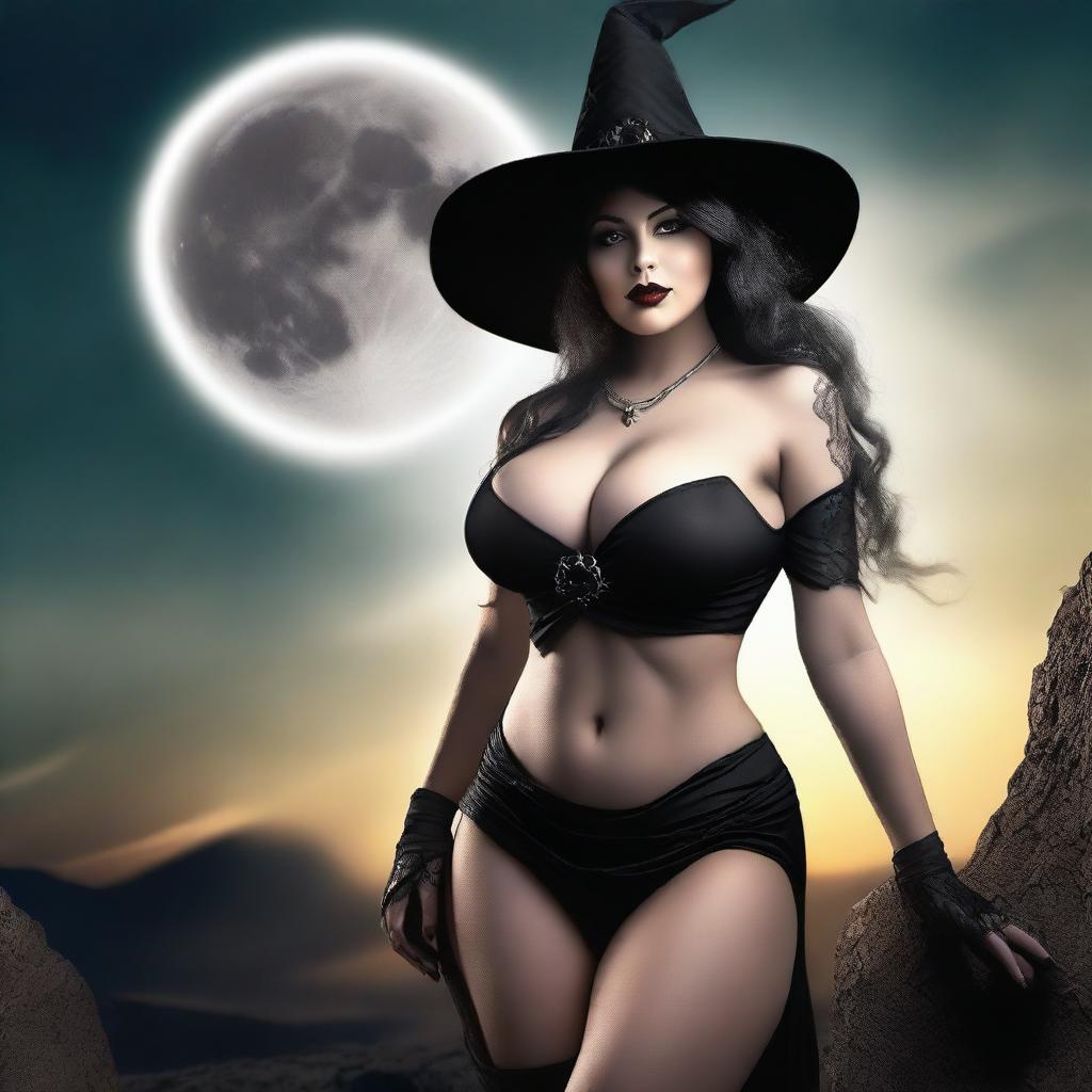 A close portrait of a cute and very busty witch during an eclipse, bending forwards with a detailed face