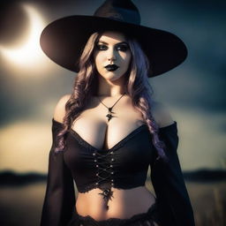 A close portrait of a cute and very busty witch during an eclipse, bending forwards with a detailed face