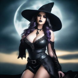 A close portrait of a cute and very busty witch during an eclipse, bending forwards with a detailed face