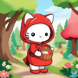 A cute Hello Kitty character dressed up as Little Red Riding Hood